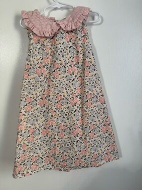 Girls Pink Floral Sleeveless Dress with Ruffled Gingham Collar
